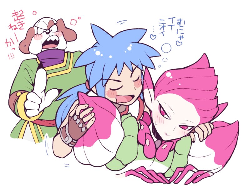 animal_ears blue_hair blush bow_(breath_of_fire) breath_of_fire breath_of_fire_ii closed_mouth fingerless_gloves gloves long_fingers long_hair male_focus minashirazu multiple_boys open_mouth pink_hair pointy_ears ponytail ryu_(breath_of_fire_ii) simple_background smile spar white_background