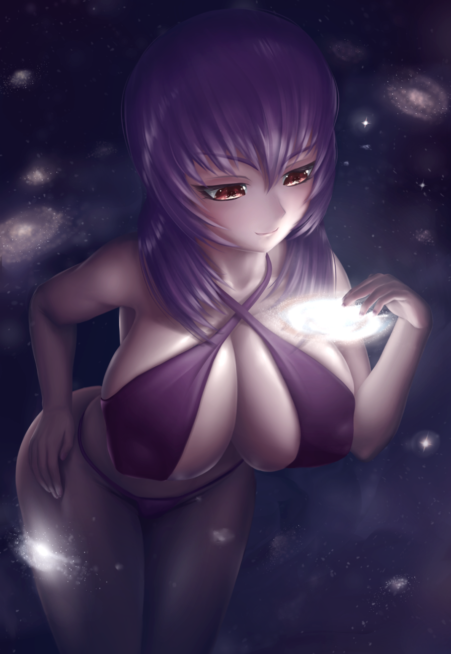 bikini breasts giant giantess highres huge_breasts kouzuki_yuuko muv-luv purple_bikini purple_hair red_eyes sky solo space star_(sky) starry_sky swimsuit universe world