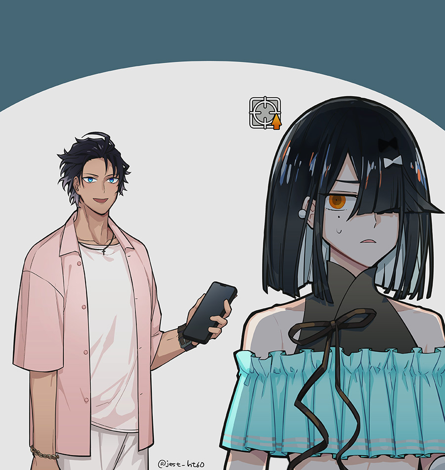 1boy 1girl bartholomew_roberts_(fate) bartholomew_roberts_(smiley_summer_wear)_(fate) bikini black_hair blue_eyes brown_eyes cellphone chain chain_bracelet cross cross_necklace dark-skinned_male dark_skin fate/grand_order fate_(series) frilled_bikini frills gameplay_mechanics holding holding_phone jest_ht90 jewelry mole mole_under_eye necklace phone shirt smartphone smile sweatdrop swimsuit twitter_username white_shirt xu_fu_(fate) xu_fu_(swimsuit_avenger)_(second_ascension)_(fate)