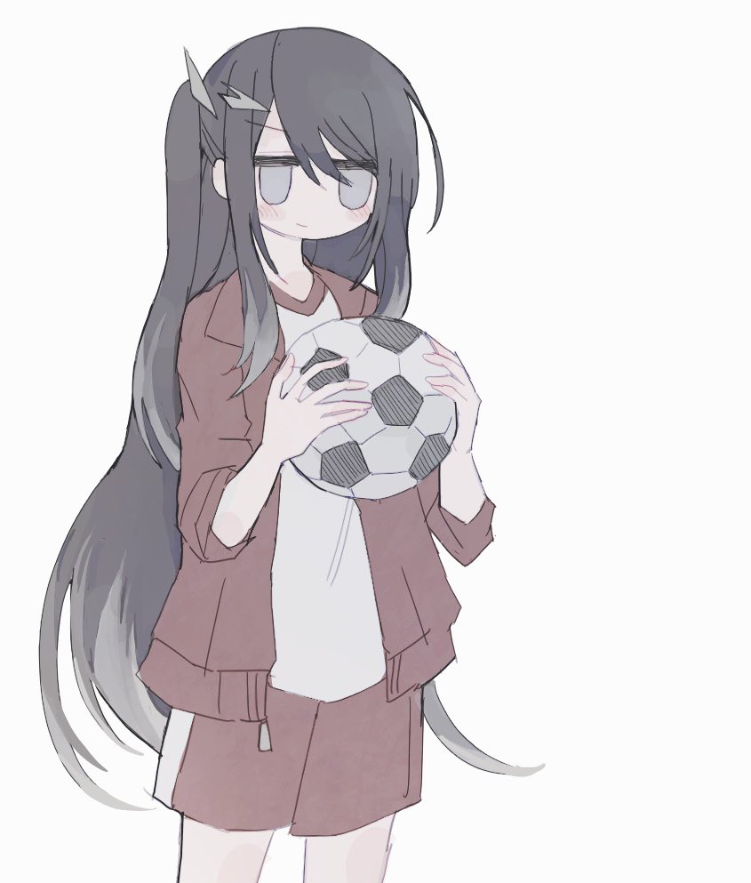 1girl 50zushi alternate_costume ball black_hair blush closed_mouth coefont colored_tips commentary_request grey_eyes grey_hair gym_shorts gym_uniform hair_ornament hands_up holding holding_ball jacket jitome long_hair looking_at_viewer millial_(coefont) multicolored_hair no_pupils one_side_up open_clothes open_jacket red_shorts shirt shorts sidelocks simple_background three-quarter_sleeves sleeves_rolled_up smirk soccer_ball solo track_jacket v-shaped_eyebrows white_background white_shirt