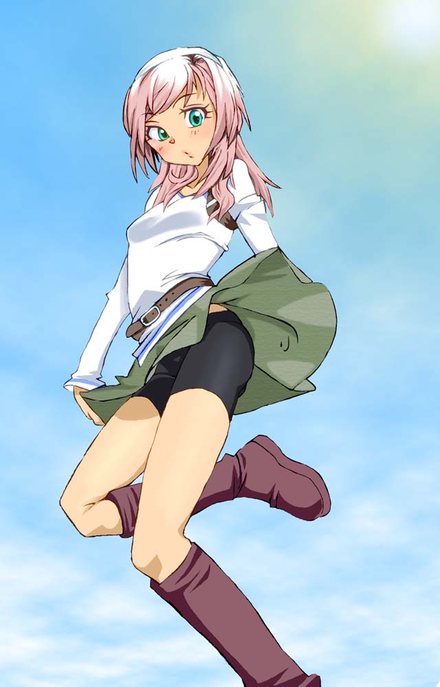 1girl alternate_color belt bike_shorts breasts cloud commentary_request end_of_eternity female_focus long_hair looking_at_viewer onnaski project_x_zone reanbell skirt solo