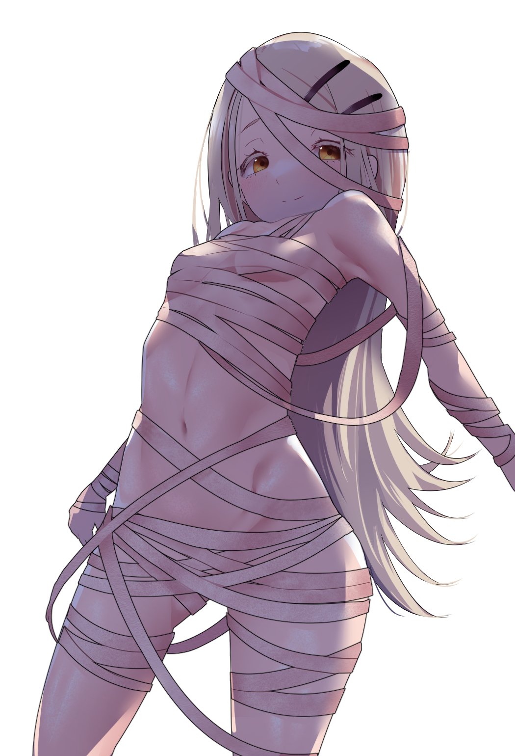 1girl bandages bare_shoulders blush breasts gakuen_idolmaster grey_hair hair_ornament hairclip highres idolmaster long_hair looking_at_viewer mummy_costume naked_bandage navel orange_eyes shinosawa_hiro small_breasts smile solo thighs yakuoyoso