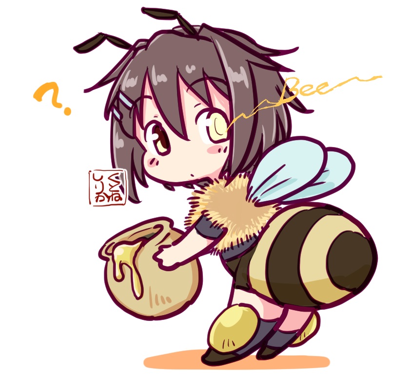 1girl ? arthropod_girl artist_logo bee_costume bee_girl bee_wings brown_eyes brown_hair chibi fake_antennae from_behind full_body furutaka_(kancolle) glowing glowing_eye heterochromia honey honeypot insect_girl insect_wings kantai_collection kutone_shirika logo short_hair simple_background solo white_background yellow_eyes