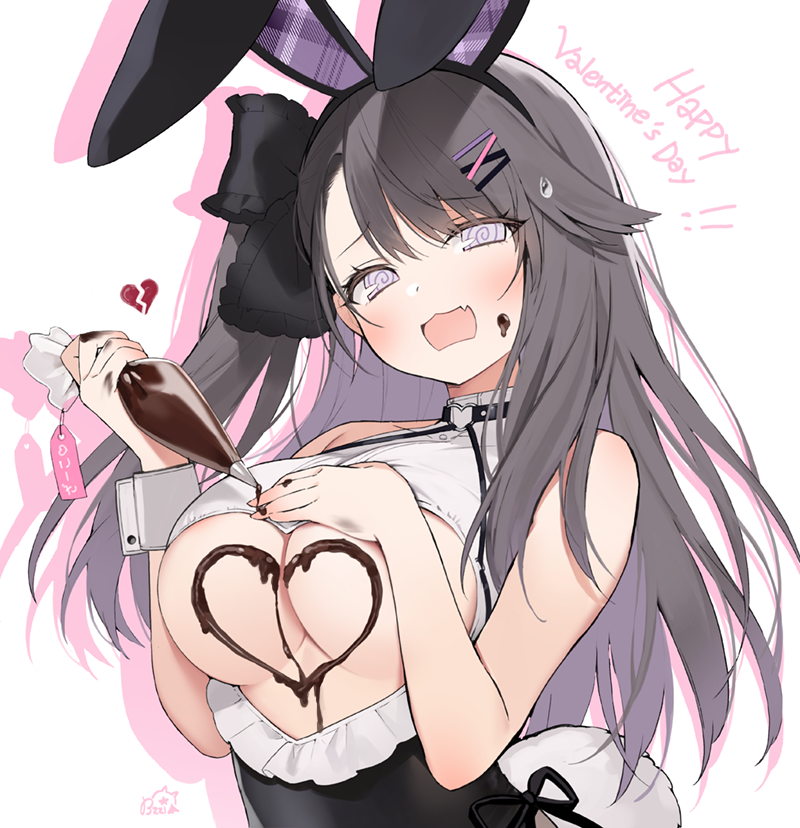 1girl :d @_@ animal_ears azur_lane bare_arms bare_shoulders black_hair black_leotard bow breasts byulzzi candy chocolate chocolate_heart chocolate_on_body cleavage cleavage_cutout clothing_cutout commentary_request fake_animal_ears fake_tail fang food food_on_body frills grey_eyes hair_bow hair_ornament hairband hairclip heart heart_cutout large_breasts leotard long_hair looking_at_viewer one_side_up open_mouth pamiat_merkuria_(azur_lane) partial_commentary playboy_bunny rabbit_ears rabbit_tail revealing_clothes smile smug solo tail underboob underboob_cutout upper_body valentine wrist_cuffs