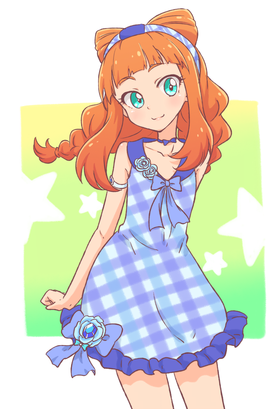 1girl aikatsu!_(series) aikatsu_stars! arm_cuffs bare_shoulders birthday blue_choker blue_dress blunt_bangs bow bow_choker braid casual checkered_clothes checkered_dress choker commentary_request cone_hair_bun cowboy_shot double_bun dress female_focus flower gem green_eyes hair_bun hairband happy_birthday highres kurorook lips long_hair orange_hair saotome_ako sidelocks sleeveless sleeveless_dress smile solo twin_braids