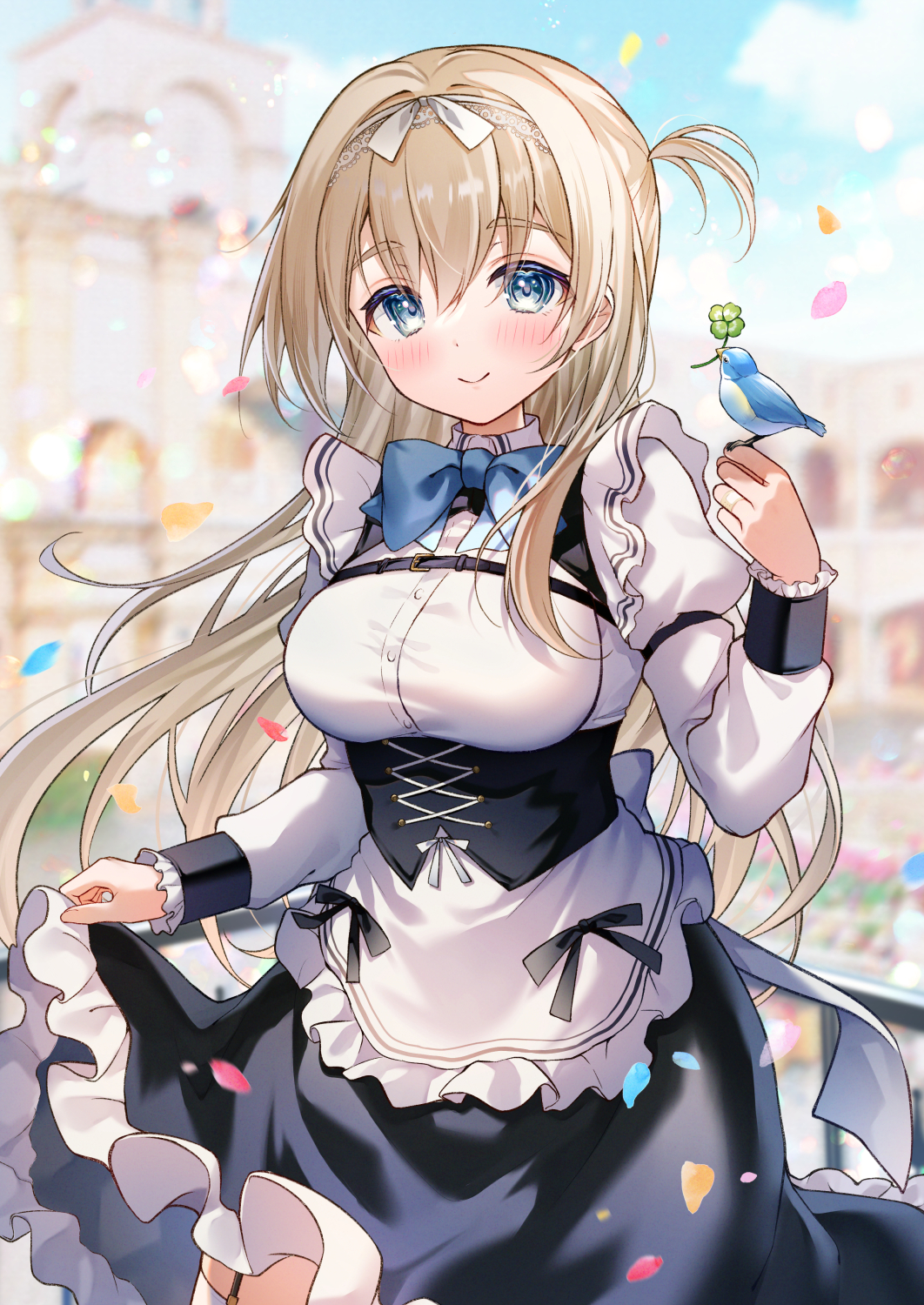 1girl animal animal_on_hand apron bird bird_on_hand black_skirt blue_bow blue_eyes blurry blurry_background blush bow breasts brown_hair building closed_mouth clover collared_shirt commentary_request day depth_of_field dress_shirt four-leaf_clover frilled_apron frilled_skirt frilled_sleeves frills garter_straps gyozanuko hair_between_eyes hand_up highres juliet_sleeves long_hair long_sleeves maid medium_breasts one_side_up original outdoors puffy_sleeves shirt skirt smile solo thighhighs very_long_hair white_apron white_shirt white_thighhighs