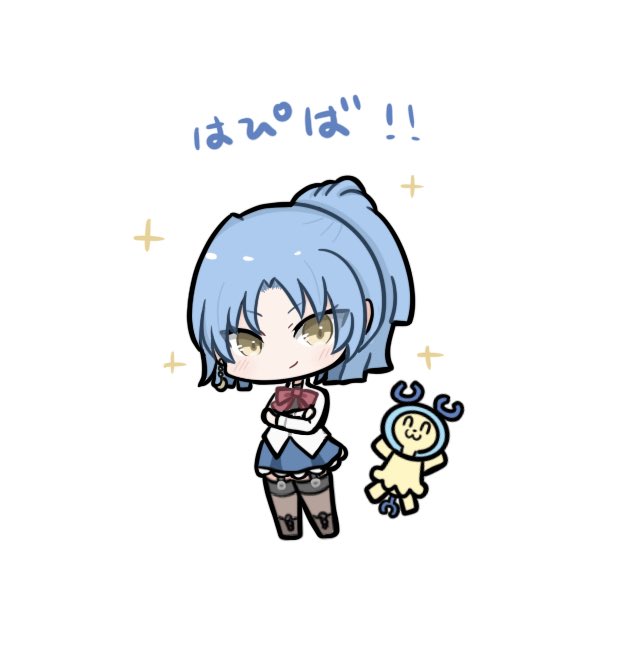 1girl :3 ^_^ assault_lily black_boots blue_hair blue_skirt blush boots bow bowtie brown_thighhighs character_doll charmy_(assault_lily) chibi closed_eyes closed_mouth commentary crescent crescent_earrings crossed_arms doll earrings full_body happa_no_tanupon happy_birthday herensuge_girls_academy_school_uniform high_ponytail jacket jewelry long_sleeves looking_at_viewer makino_mitake miniskirt ponytail red_bow red_bowtie school_uniform short_hair simple_background single_earring skirt smirk solo sparkle standing thighhighs translated v-shaped_eyebrows white_background white_jacket yellow_eyes