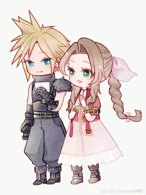 1boy 1girl aerith_gainsborough aqua_eyes armor armored_gloves baggy_pants bangle belt black_boots black_gloves blonde_hair blue_pants blue_shirt bluelimbo8888 boots bracelet braid braided_ponytail brown_boots brown_hair chibi chibi_only choker cloud_strife cropped_jacket dress earrings final_fantasy final_fantasy_vii final_fantasy_vii_rebirth final_fantasy_vii_remake flower_choker full_body gloves green_eyes hair_ribbon holding holding_photo jacket jewelry light_blush light_smile long_dress multiple_belts own_hands_together pants parted_bangs parted_lips pauldrons photo_(object) pink_dress pink_ribbon puffy_short_sleeves puffy_sleeves red_jacket ribbon shirt short_sleeves shoulder_armor sidelocks single_bare_shoulder single_braid single_earring single_pauldron sleeveless sleeveless_turtleneck smile sparkle spiked_hair suspenders turtleneck white_background