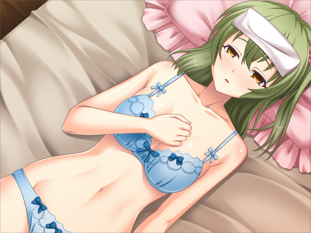 1girl bed blue_bra blue_panties blush bow bow_bra bow_panties bra breasts brown_eyes cleavage collarbone game_cg green_hair hand_on_own_chest himitsu_no_itazura lying medium_breasts miyasaka_minori navel open_mouth panties pillow ponytail scrunchie short_hair side_ponytail source_request suzuki_falco tougenkyo_(company) towel towel_on_head underwear yellow_eyes