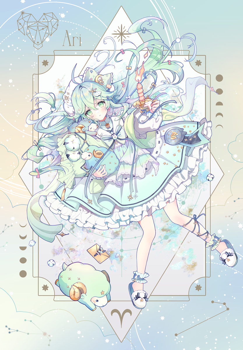 1girl aries_(constellation) blue_background blush border bow candle commentary_request dress english_text envelope frilled_dress frills full_body gradient_background green_bow green_dress green_eyes green_hair hair_bow highres holding holding_candle holding_sheep inset_border long_hair looking_at_viewer looking_up lying on_back original parted_lips renian sheep slippers solo yellow_background