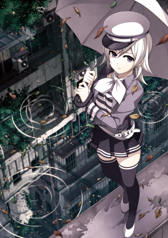 1girl ama_no_jaku_(vocaloid) ascot belt black_thighhighs blonde_hair building female_focus grey_eyes hat jack_amano jacket leaf looking_at_viewer peaked_cap pleated_skirt purple_eyes reflection ripples short_hair skirt solo striped thighhighs torigoe_takumi umbrella vocaloid water white_hair zettai_ryouiki