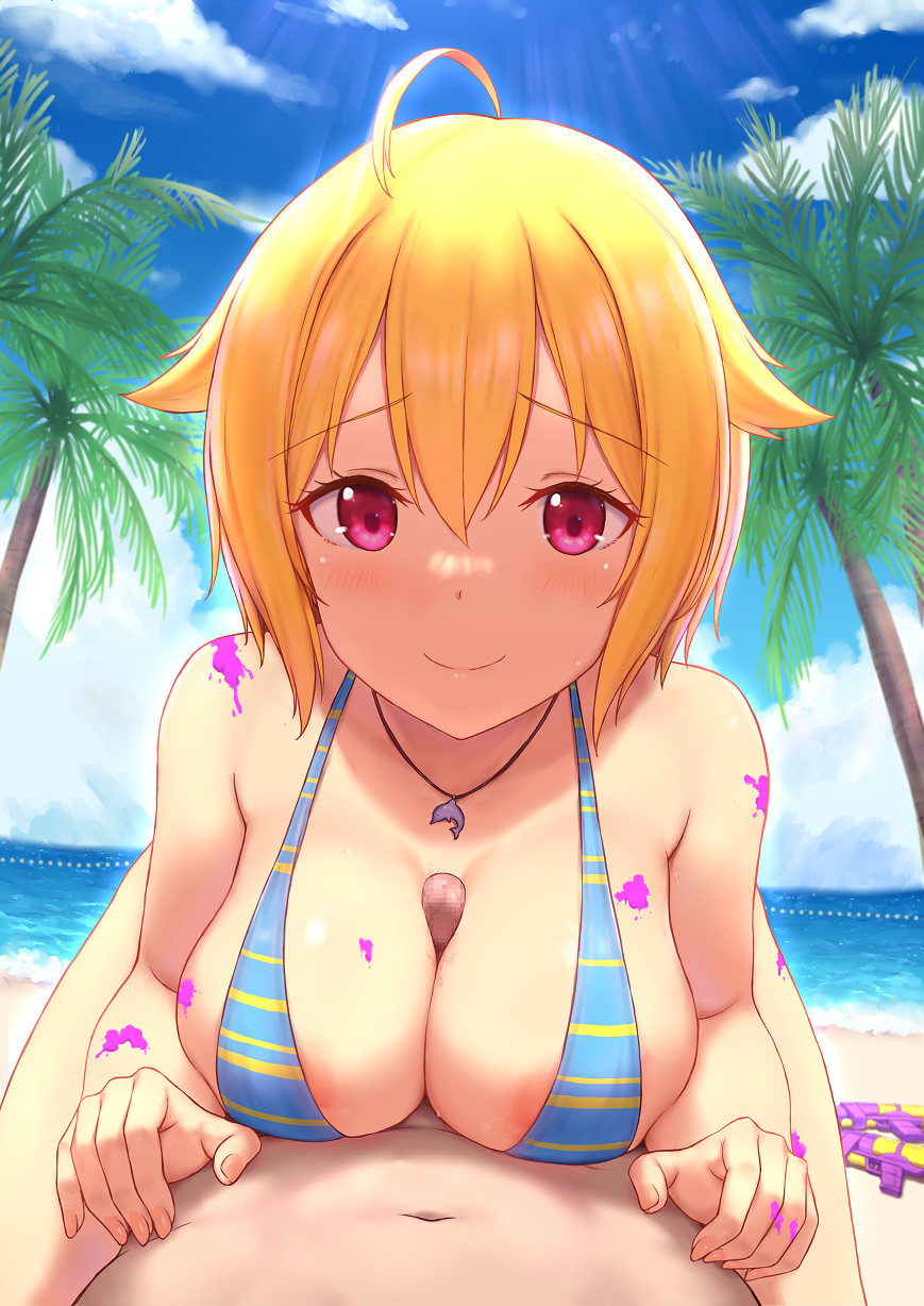 1boy 1girl ahoge areola_slip beach blonde_hair breasts cai_geng hair_between_eyes handsfree_paizuri hetero highres ibuki_tsubasa idolmaster idolmaster_million_live! jewelry large_breasts looking_at_viewer necklace paint paint_on_body paizuri penis pov raised_eyebrows red_eyes short_hair smile straddling swimsuit