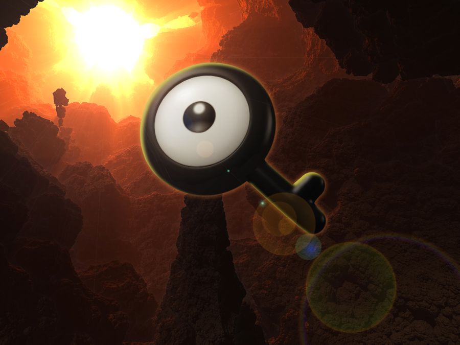black_eyes commentary_request creature floating full_body gen_2_pokemon ilkcmp md5_mismatch mountain nintendo no_humans pokemon pokemon_(creature) resolution_mismatch solo source_larger sun unown unown_q