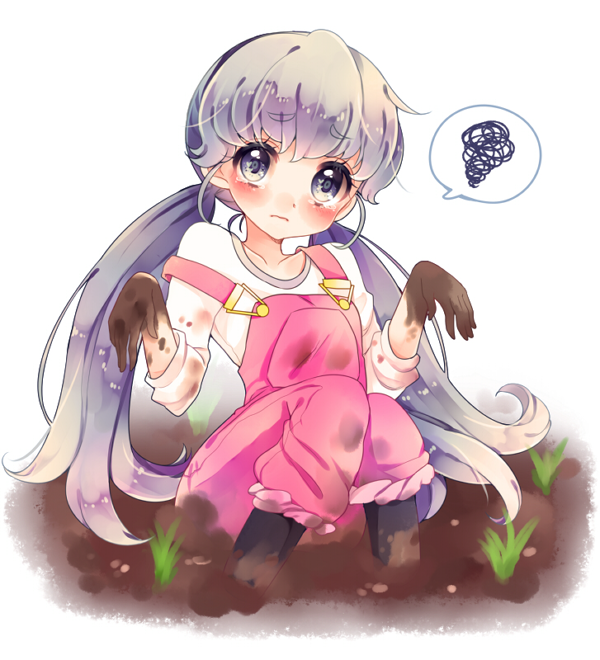 10s 1girl alternate_hairstyle blue_eyes blue_hair blush dirty female_focus happinesscharge_precure! heart heart_in_eye long_hair matching_hair/eyes mud overalls precure shirayuki_hime shirt sitting solo speech_bubble spoken_squiggle squiggle symbol_in_eye twintails uzuki_aki white_background white_shirt