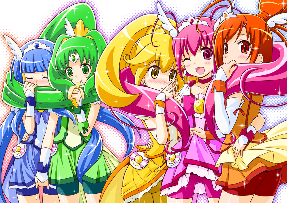 10s 5girls :t ;d antenna_hair aoki_reika banana between_legs bike_shorts blonde_hair blue_dress blue_hair blue_skirt blush bow bowtie brooch choker circlet closed_eyes cure_beauty cure_happy cure_march cure_peace cure_sunny dress earrings eating food fruit green_dress green_eyes green_hair green_shorts green_skirt hair_bun hair_flaps hair_ornament hairpin hand_between_legs head_wings high_ponytail hino_akane_(smile_precure!) hoshizora_miyuki jewelry kise_yayoi long_hair magical_girl midorikawa_nao multiple_girls one_eye_closed open_mouth orange_dress orange_eyes orange_hair orange_skirt pink_bow pink_dress pink_eyes pink_hair pink_shorts pink_skirt ponytail precure short_hair shorts shorts_under_skirt single_hair_bun skirt smile smile_precure! sparkle tiara tri_tails twintails very_long_hair wings wink yellow_dress yellow_eyes yellow_shorts yellow_skirt yuuma_(artist) yuuma_(skirthike)