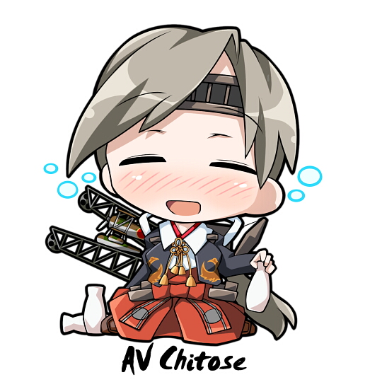1girl aircraft airplane blush bubble chibi chitose_(kancolle) closed_eyes drunk facing_viewer floatplane grey_hair hair_ribbon headband kantai_collection kneeling long_hair open_mouth ribbon rigging seaplane simple_background smile take_tonbo tokkuri
