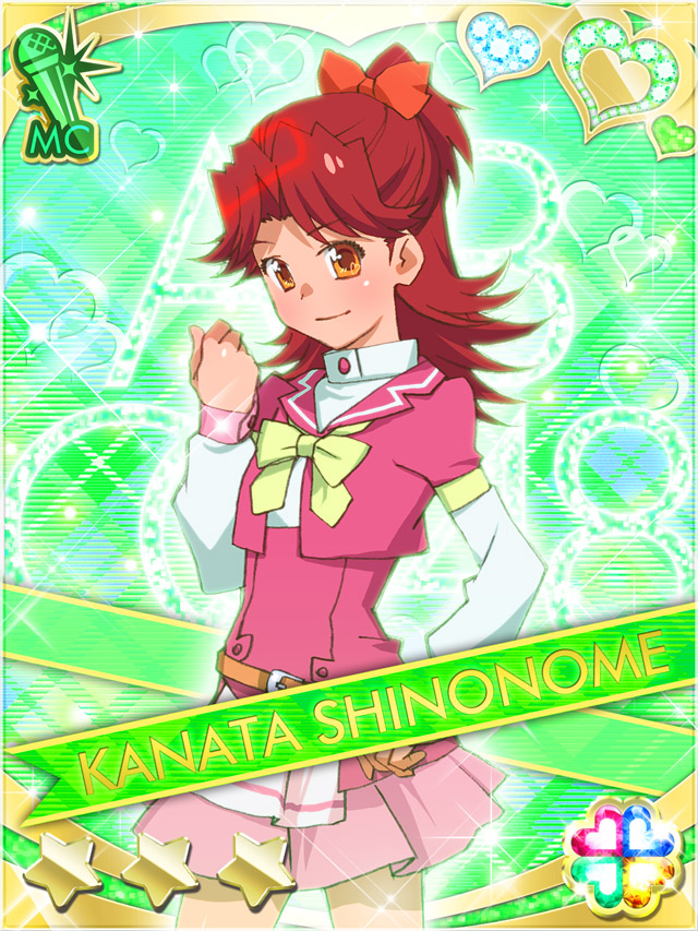 1girl akb0048 bow bowtie card_(medium) character_name clenched_hand closed_mouth cowboy_shot cropped_jacket dress ebata_risa green_background hair_bow hand_on_own_hip hand_up heart high_ponytail idol_clothes jacket long_hair long_sleeves looking_at_viewer non-web_source official_art orange_bow orange_eyes pink_dress pink_jacket ponytail red_hair shinonome_kanata short_dress smile solo sparkle standing star_(symbol) three-quarter_sleeves yellow_bow yellow_bowtie