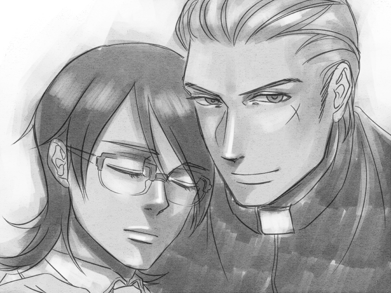 2boys aged_up bixuehuangsha cassock clerical_collar closed_eyes closed_mouth couple cross_scar doctor facial_scar glasses greyscale hair_slicked_back head_on_another&#039;s_shoulder kawabuchi_sentarou looking_at_viewer male_focus medium_hair monochrome multiple_boys nishimi_kaoru portrait priest sakamichi_no_apollon scar scar_on_cheek scar_on_face short_hair smile spoilers yaoi