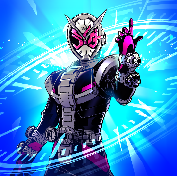 1boy analog_clock arm_at_side black_bodysuit blue_background bodysuit clock clock_hands commentary_request covered_face cowboy_shot facing_viewer hand_up helmet hitsuji_oshipu index_finger_raised kamen_rider kamen_rider_zi-o kamen_rider_zi-o_(series) male_focus rider_belt ridewatch solo tokusatsu zi-o_ridewatch ziku-driver