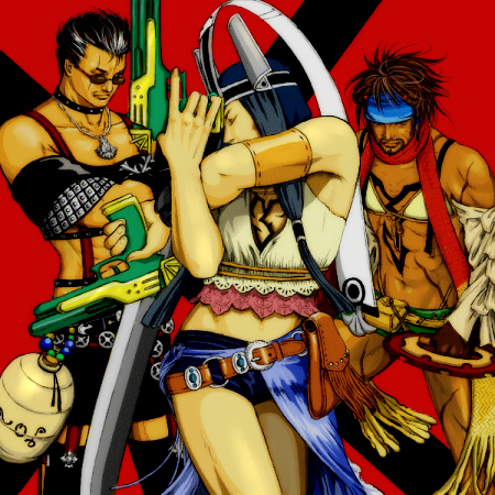 2nco 3boys auron bare_shoulders belt bikini bikini_top_only black_shorts blue_hair braska brown_hair chest_tattoo choker cosplay crossdressing crossed_arms dual_wielding final_fantasy final_fantasy_x final_fantasy_x-2 garter_straps gun handgun headdress holding jecht jug_(bottle) lowres male_focus midriff multicolored_hair multiple_boys navel paine paine_(cosplay) paine_(ff10) paine_(ff10)_(cosplay) paine_(final_fantasy)_(cosplay) parody rikku_(ff10) rikku_(ff10)_(cosplay) scar scarf short_shorts shorts swimsuit sword tattoo thighhighs two-tone_hair weapon yuna yuna_(cosplay) yuna_(ff10) yuna_(ff10)_(cosplay)