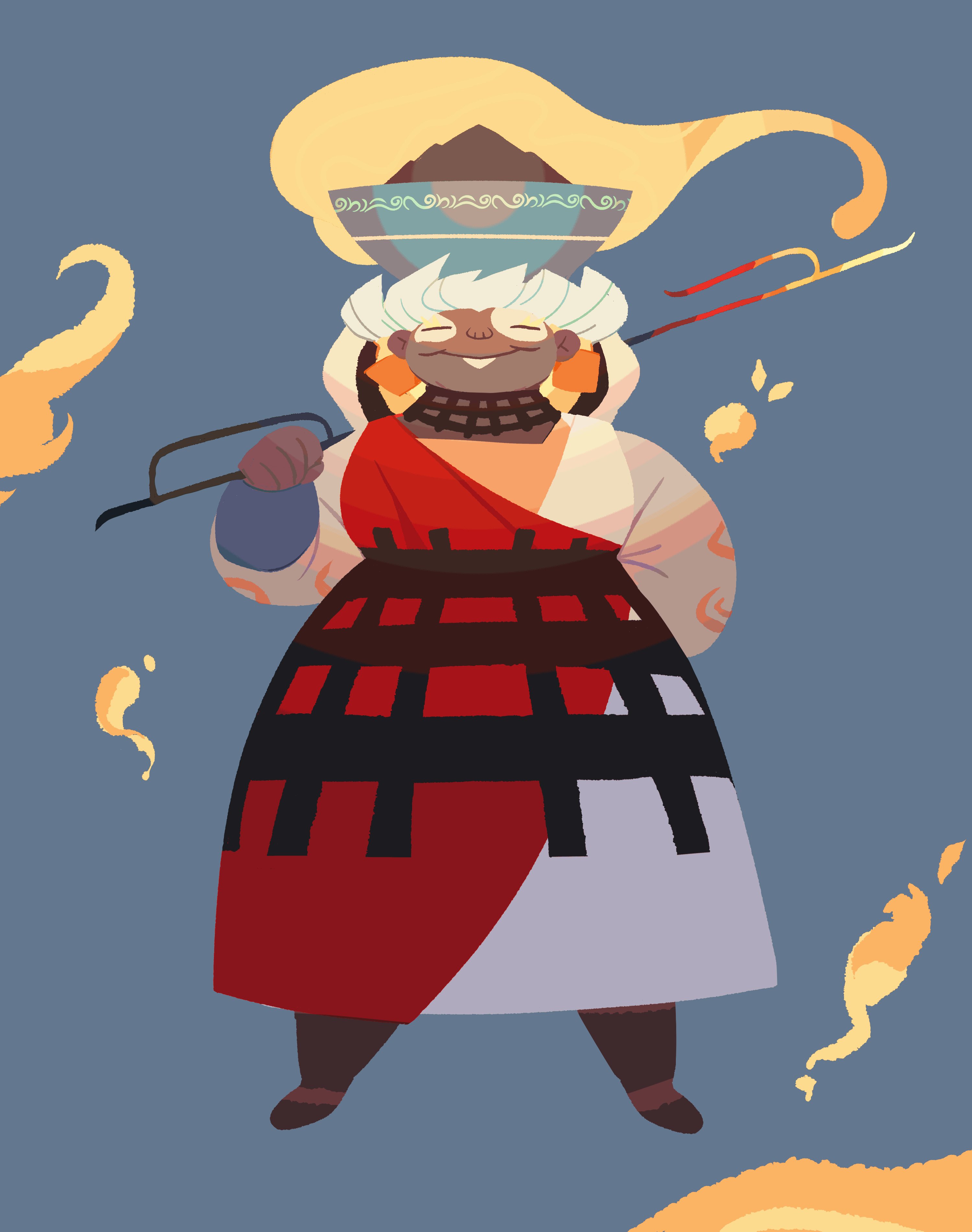 1girl absurdres armlet calavera145 closed_eyes coal dark-skinned_female dark_skin dress earrings fat fat_woman hades_(series) hades_2 hestia_(hades) highres holding hood jewelry long_sleeves mature_female poker pot_on_head smile smoke solo vitiligo white_hair