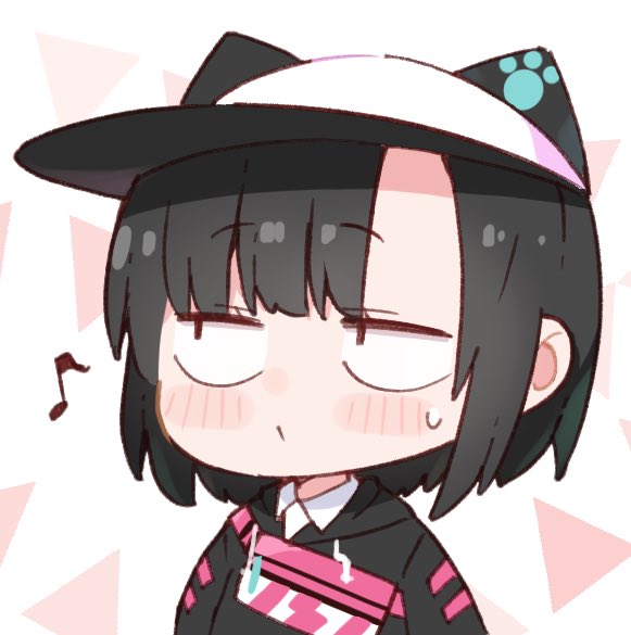1girl animal_ears animal_hat averting_eyes baseball_cap black_hair black_hoodie blush cat_ears cat_hat chibi closed_mouth collared_shirt commentary denonbu fake_animal_ears fanny_pack hat hood hoodie kurogane_tama looking_to_the_side musical_note paw_print purin_a_la_mode_(popup) sanpaku shirt short_hair solo sweatdrop symbol-only_commentary upper_body whistle white_shirt