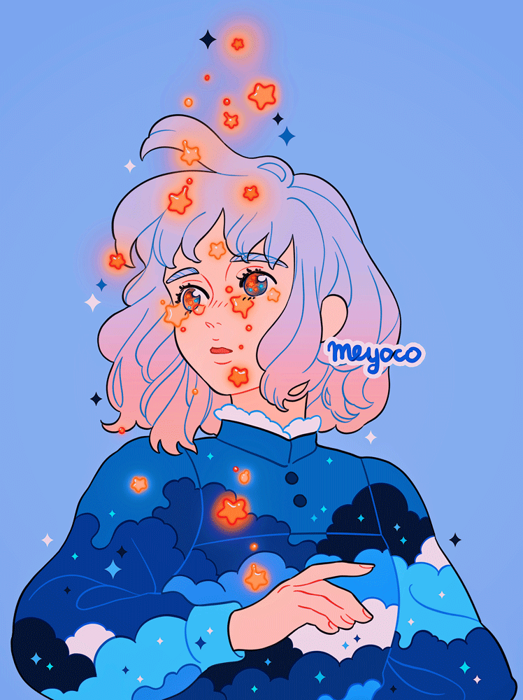 1girl alternate_body_fluid artist_name blue_background cloud_print colored_tears double_exposure glowing glowing_tears howl_no_ugoku_shiro long_sleeves meyoco parted_lips pink_hair print_shirt puffy_long_sleeves puffy_sleeves shirt short_hair simple_background solo sophie_(howl_no_ugoku_shiro) sparkle star_tears tears upper_body