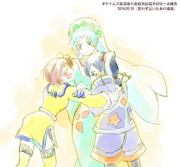 1boy 2girls aqua_hair black_hair blue_eyes blush braid breasts brown_hair choker cleavage dress earrings closed_eyes grune_(tales) hair_ornament jay_(tales) jewelry maruru_(marimo811) multiple_girls necklace norma_beatty open_mouth short_hair shorts side_ponytail smile tales_of_(series) tales_of_legendia tears thighhighs veil