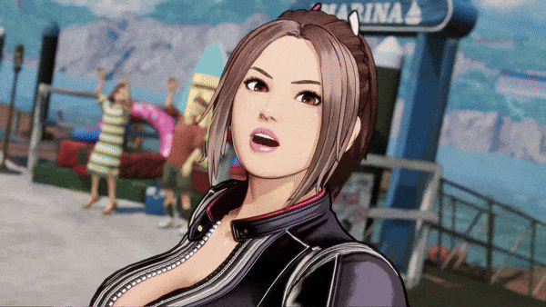 1girl 3d animated animated_gif black_jacket breasts brown_hair cleavage fatal_fury fatal_fury:_city_of_the_wolves game_screenshot hand_fan holding holding_fan jacket large_breasts leather leather_jacket midriff navel ponytail shiranui_mai snk