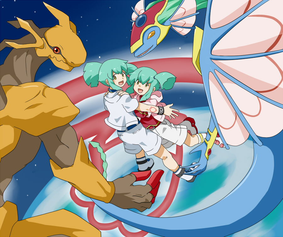 1boy 1girl ancient_fairy_dragon brother_and_sister duel_monster green_hair life_stream_dragon lua_(yu-gi-oh!) luca_(yu-gi-oh!) ponytail siblings twins twintails yoru_(77957792) yu-gi-oh! yu-gi-oh!_5d&#039;s