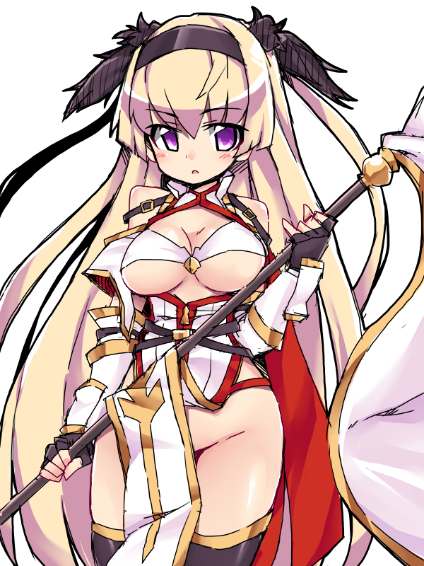 1girl altair_(sennen_sensou_aigis) black_gloves blonde_hair breasts clothes_lift cowboy_shot female_focus fingerless_gloves gloves hairband large_breasts long_hair looking_at_viewer nemui_(nemui) no_panties parted_lips pelvic_curtain pelvic_curtain_lift polearm purple_eyes sennen_sensou_aigis solo thighhighs underboob very_long_hair weapon