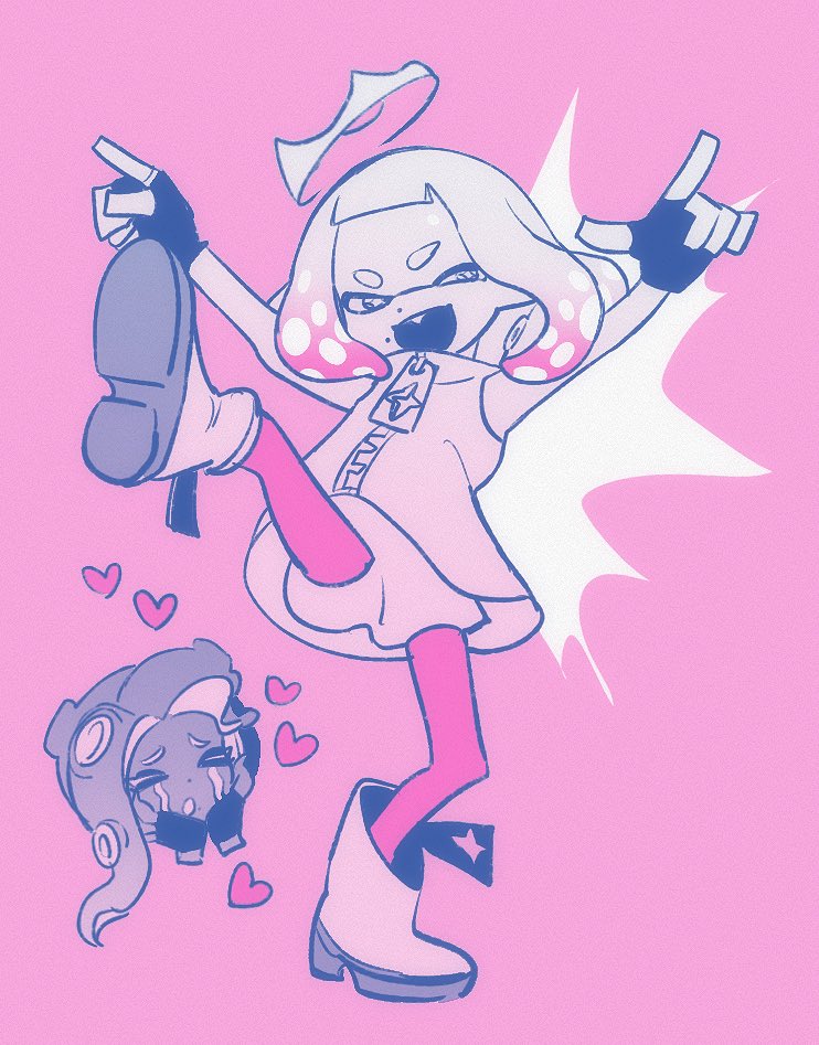 2girls arms_up bloomers boots crown dress fang index_finger_raised inkling marina_(off_the_hook_outfit)_(splatoon) marina_(splatoon) multiple_girls nintendo octoling open_mouth pantyhose pearl_(off_the_hook_outfit)_(splatoon) pearl_(splatoon) pink_pantyhose smile splatoon_(series) splatoon_2 standing standing_on_one_leg tama_launcher underwear white_bloomers white_dress white_footwear zipper zipper_pull_tab