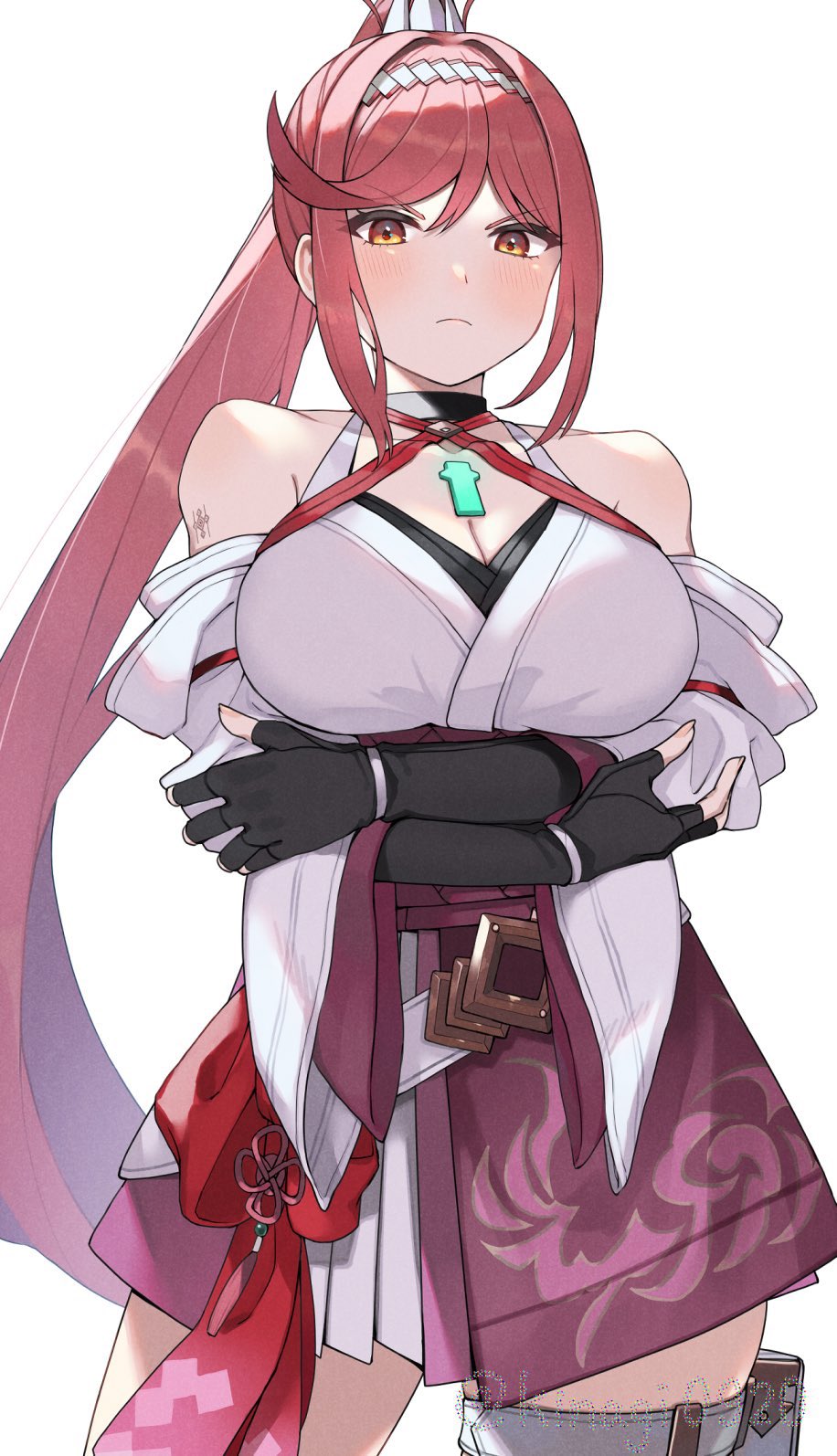 1girl annoyed breasts glimmer_(xenoblade) highres kinagi_(3307377) large_breasts long_hair ponytail red_hair solo very_long_hair xenoblade_chronicles_(series) xenoblade_chronicles_3 xenoblade_chronicles_3:_future_redeemed