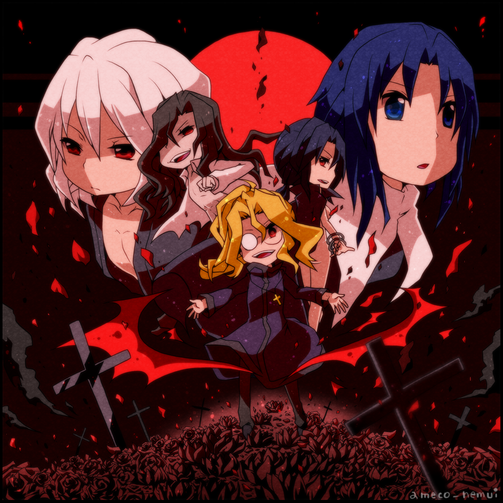2girls 3boys black_hair black_pants blonde_hair blue_eyes blue_hair blue_kimono cape chibi ciel_(tsukihime) collared_shirt cross cross_necklace dark_persona dual_persona evil_smile glasses japanese_clothes jewelry kimono long_hair michael_roa_valdamjong michael_roa_valdamjong_(human) moon multiple_boys multiple_girls multiple_persona necklace nude pants ponytail priest red_eyes red_moon roa-ciel shirt short_hair smile tohno_shiki_(2) tsukihime vampire white_hair white_shirt