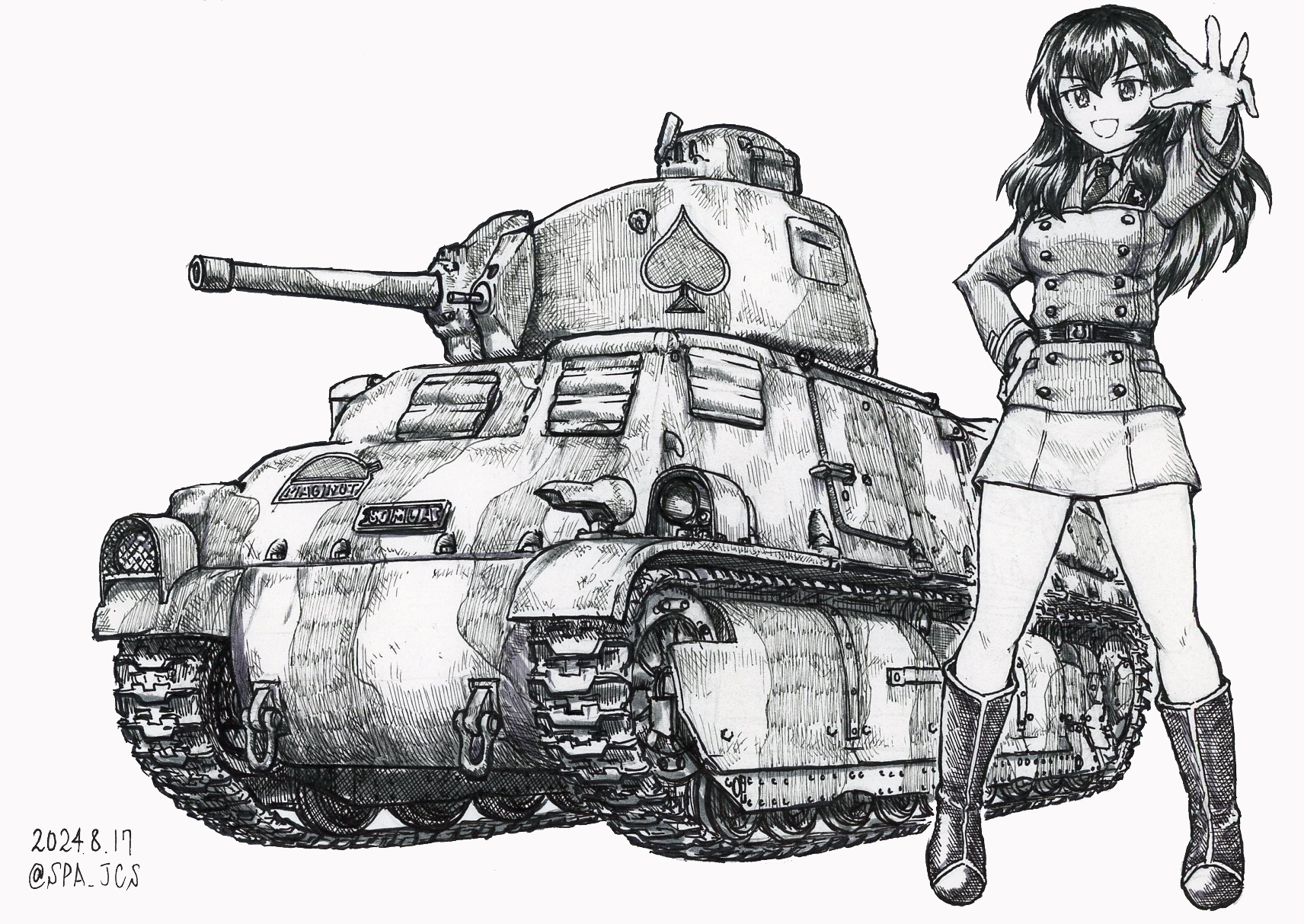 1girl boots collared_shirt commentary_request eclair_(girls_und_panzer) full_body girls_und_panzer girls_und_panzer_gekitou!_maginot-sen_desu!! graphite_(medium) hand_on_own_hip highres jacket long_hair maginot_military_uniform military_vehicle motor_vehicle necktie nspa_(spa-jcs) pencil_skirt reaching reaching_towards_viewer shirt sketch skirt somua_s35 spade_(shape) tank traditional_media