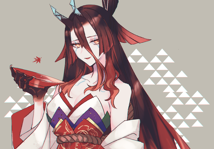 1girl brown_hair claws cup fate/grand_order fate_(series) holding holding_cup horns japanese_clothes katagiri_(mighty_swing) kijo_kouyou_(fate) kijo_kouyou_(third_ascension)_(fate) kimono looking_at_viewer multicolored_hair oni oni_horns sakazuki smile solo yellow_eyes