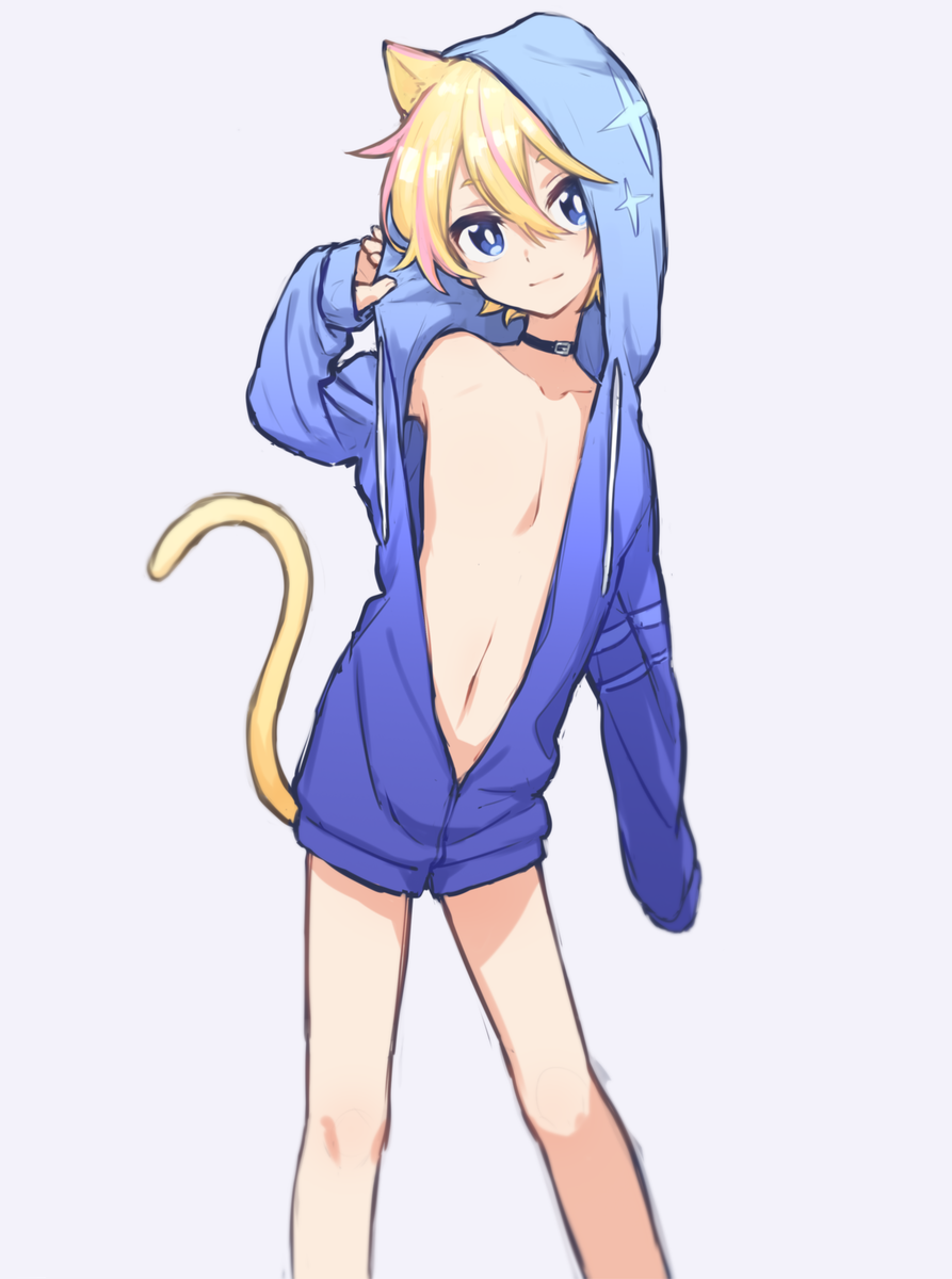 1boy alpha_omega_nova animal_ears blonde_hair blue_eyes cat_boy cat_ears cat_tail choker grey_background hair_between_eyes highres hood hoodie looking_at_viewer male_focus mt.somo naked_hoodie navel no_nipples smile solo tail uchuu_patrol_luluco
