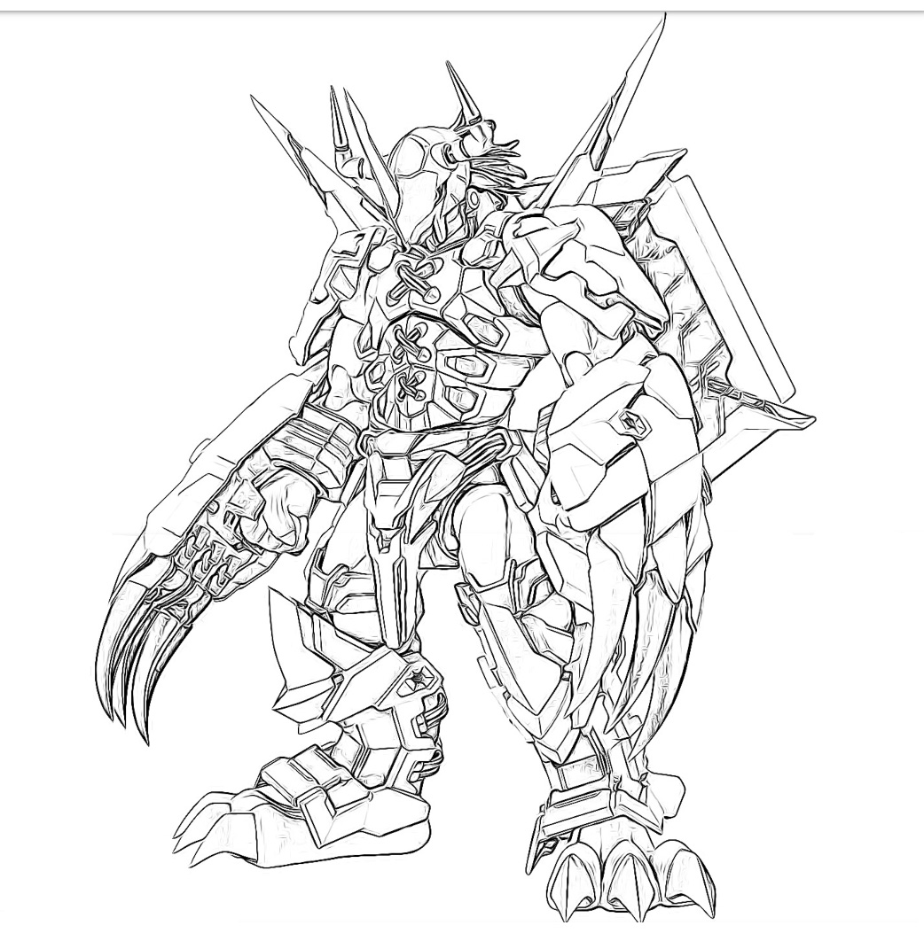 armor breastplate brown_hair claws clenched_hand commentary_request digimon digimon_(creature) digimon_adventure from_side full_body green_eyes helmet horns lineart looking_up no_humans pandacross simple_background solo wargreymon white_background wings