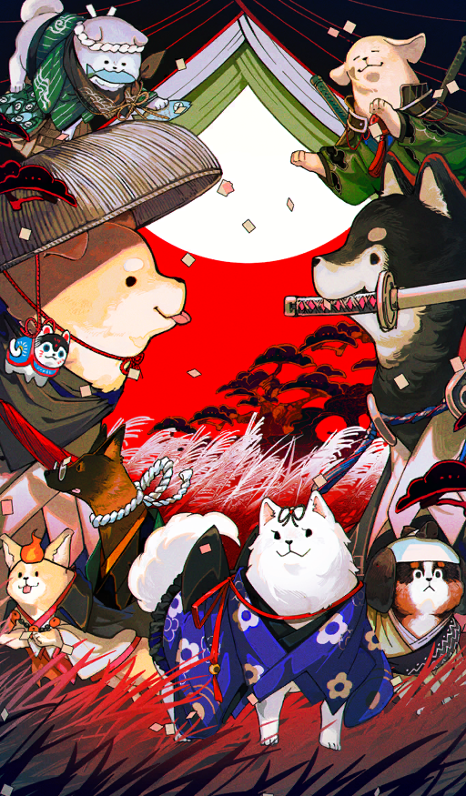 :p animal animal_focus bead_necklace beads bernese_mountain_dog black_coat blue_kimono charm_(object) chin_strap closed_eyes closed_mouth coat commentary_request daikaku_(fate) dog dousetsu_(fate) endo_(takolegs) fate/grand_order fate_(series) fish genpachi_(fate) glasses golden_retriever green_kimono headband husky japanese_clothes japanese_spitz jewelry kai_ken katana keno_(fate) kimono kobungo_(fate) magatama mouth_hold multiple_dogs necklace no_humans official_art pince-nez red_background rope running sandogasa servant_summer_festival!_2023 shiba_inu shimenawa shinbei_(dog)_(fate) shino_(fate) sousuke_(fate) standing sword third-party_source tongue tongue_out weapon welsh_corgi white_headband white_kimono