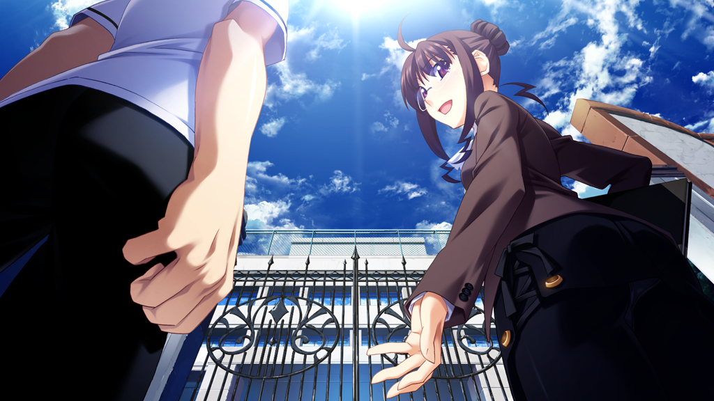 1boy 1girl :d ahoge arms_at_sides ascot ass black_pants blue_sky brown_hair brown_jacket building cloud day denim folder from_below fumio_(ura_fmo) game_cg gate glasses grisaia_(series) grisaia_no_kajitsu hair_bun holding holding_folder jacket jeans kazami_yuuji long_sleeves looking_at_another non-web_source open_mouth outdoors pants red_eyes rimless_eyewear school school_uniform shirt short_hair short_hair_with_long_locks sidelocks sky smile standing tachibana_chizuru_(grisaia) white_ascot white_shirt