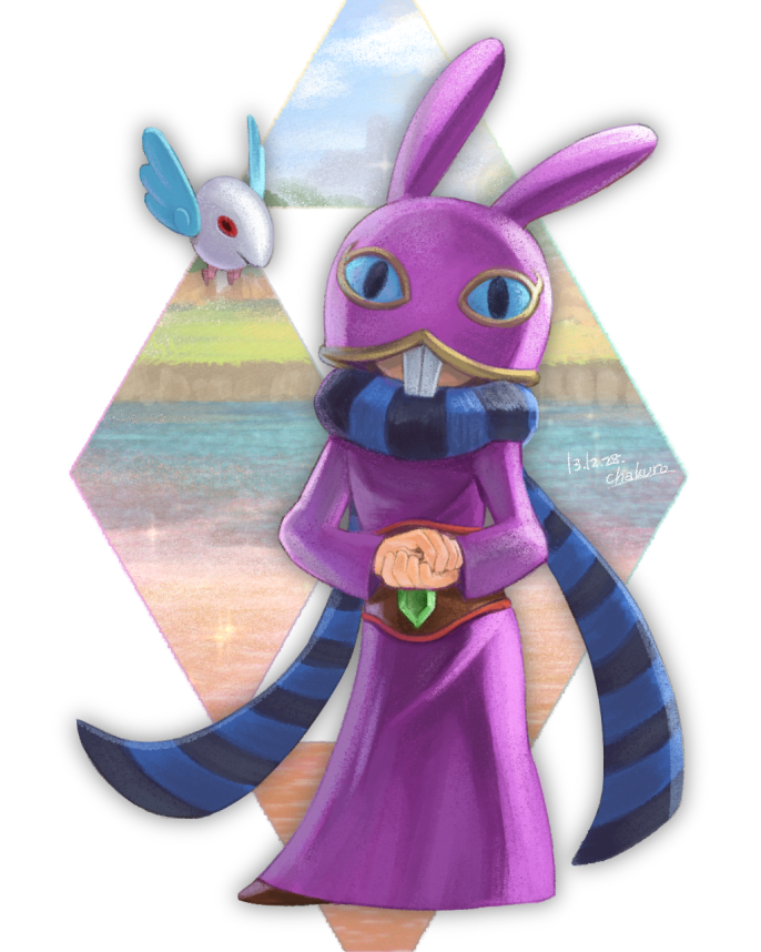 1boy animal_ears animal_hat bird blue_eyes buck_teeth cha_kuro_(limo) cloud dated fake_animal_ears flying full_body gem grass hat long_sleeves looking_at_viewer mask nintendo own_hands_together rabbit_ears rabbit_hat ravio robe scarf sheerow signature sky standing striped teeth the_legend_of_zelda the_legend_of_zelda:_a_link_between_worlds water