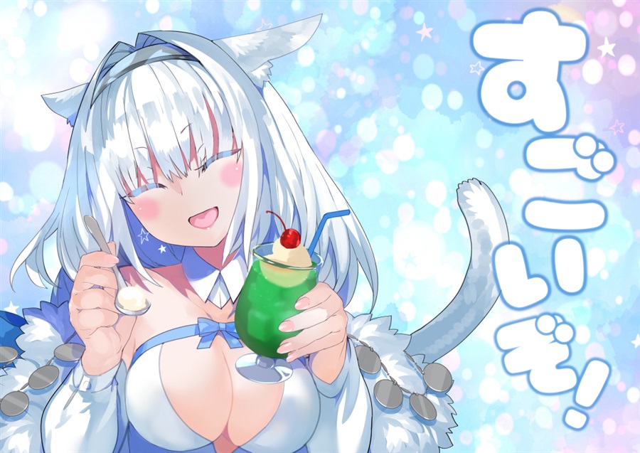animal_ear_fluff animal_ears big_hair blue_ribbon breasts cat_ears cat_girl cat_tail closed_eyes dobrynya_nikitich_(fate) dobrynya_nikitich_(first_ascension)_(fate) dobrynya_nikitich_(second_ascension)_(fate) fate/grand_order fate_(series) food ice_cream large_breasts official_art ribbon robina smile tail