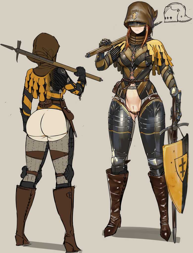 1girl armor armored_gloves ass belt belt_pouch boots breasts brown_hair cape chainmail chausses cleft_of_venus covered_face cross cuisses dagger expressionless female_knight female_pubic_hair from_behind full_armor full_body gambeson gauntlets greaves helmet high_heels holding holding_weapon hood knee_boots knife knight large_breasts leather leather_armor leather_belt leather_boots leg_armor lowleg lowleg_panties multiple_views nisetanaka original over_shoulder panties poleyn pouch pubic_hair pussy sallet shadow shield simple_background standing sword underwear warhammer weapon weapon_over_shoulder