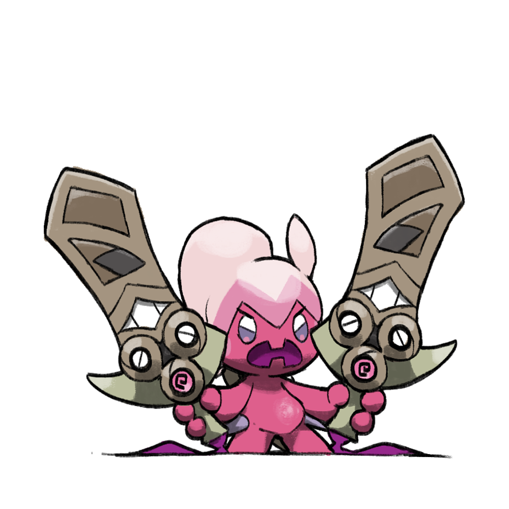 blacknirrow doublade dual_wielding full_body gen_6_pokemon holding holding_pokemon nintendo no_humans open_mouth pokemon pokemon_(creature) simple_background standing tinkatuff white_background