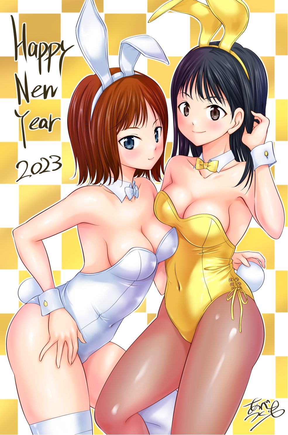 2girls abe_tsukumo amber_eyes animal_ears avataro_sentai_donbrothers black_hair blue_eyes breasts brown_hair cleavage fake_animal_ears fake_tail highres kito_haruka leotard looking_at_viewer medium_breasts multiple_girls pantyhose playboy_bunny rabbit_ears rabbit_tail sononi sononi_(donbrothers) strapless strapless_leotard super_sentai tail thighhighs white_leotard white_thighhighs yellow_leotard