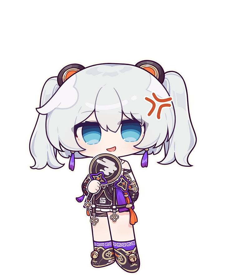 1girl :d anger_vein blue_eyes chibi chinese_clothes earrings eta false_smile full_body hair_ornament hand_fan holding holding_fan honkai_(series) honkai_impact_3rd jewelry long_hair looking_at_viewer official_art open_mouth purple_socks smile socks solo standing theresa_apocalypse third-party_source twintails white_hair zhuge_kongming_(honkai_impact) zhuge_kongming_(startold_fortune)_(honkai_impact)