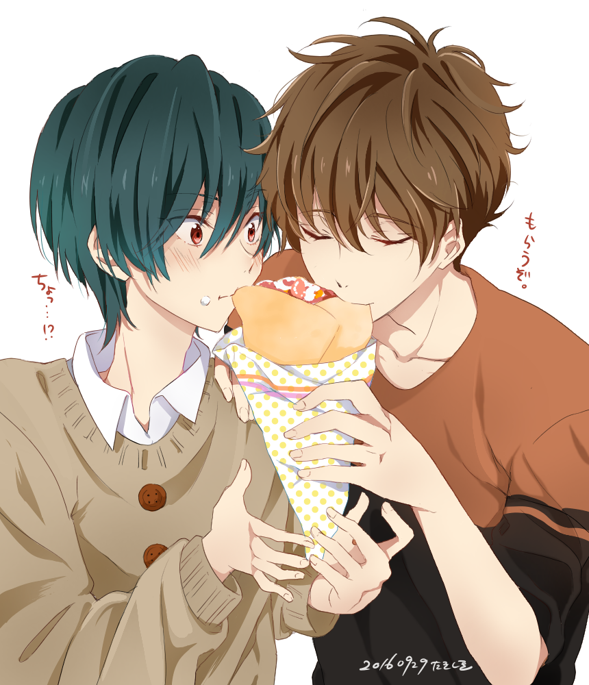 2boys blush brothers brown_hair food green_hair high_speed! kirishima_ikuya kirishima_natsuya male_focus multiple_boys red_eyes short_hair takishiki