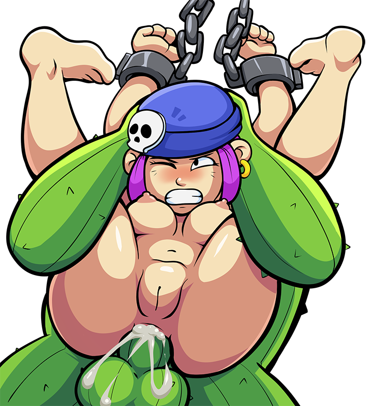 1boy 1girl anal belly brawl_stars breasts cactus chain cleft_of_venus cuffs cum cum_in_ass earrings feet feet_up from_behind hand_up handcuffs hetero jewelry nipples penis penny_(brawl_stars) purple_hair pussy skull spikes spread_legs