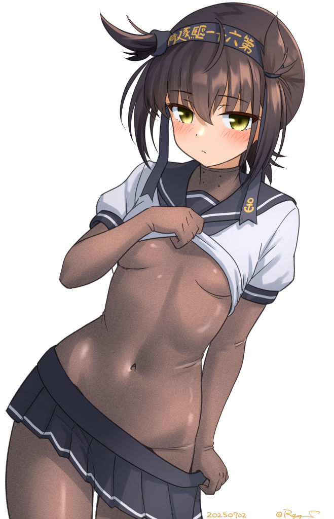 1girl black_bodysuit black_headband black_sailor_collar black_skirt bodysuit breasts clothes_lift clothes_pull clothes_writing covered_navel hachimaki hair_flaps hatsuzuki_(kancolle) headband kantai_collection lifting_own_clothes medium_breasts miniskirt one-hour_drawing_challenge pleated_skirt pulling_own_clothes ray.s sailor_collar school_uniform serafuku shirt_lift short_hair short_sleeves skirt skirt_pull solo
