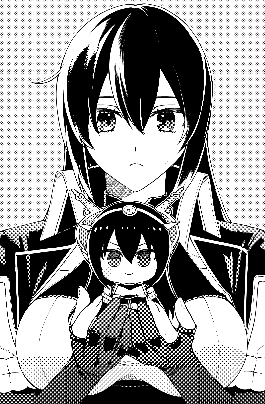 1girl breasts character_doll closed_mouth commentary_request eyelashes gloves greyscale hair_between_eyes highres holding holding_stuffed_toy kantai_collection large_breasts long_hair machi_(ritovoyage) monochrome nagato_(kancolle) nagato_kai_ni_(kancolle) partially_fingerless_gloves simple_background solo stuffed_toy sweat upper_body